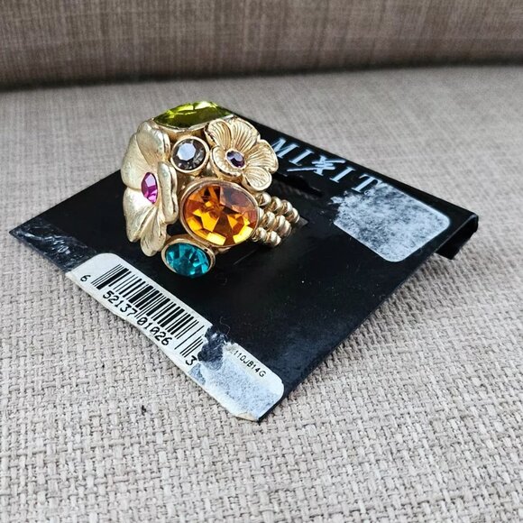Mixit Women Fashion Ring Multi Color Crystals Gold Tine Stretchable Ring NWT - Picture 4 of 10